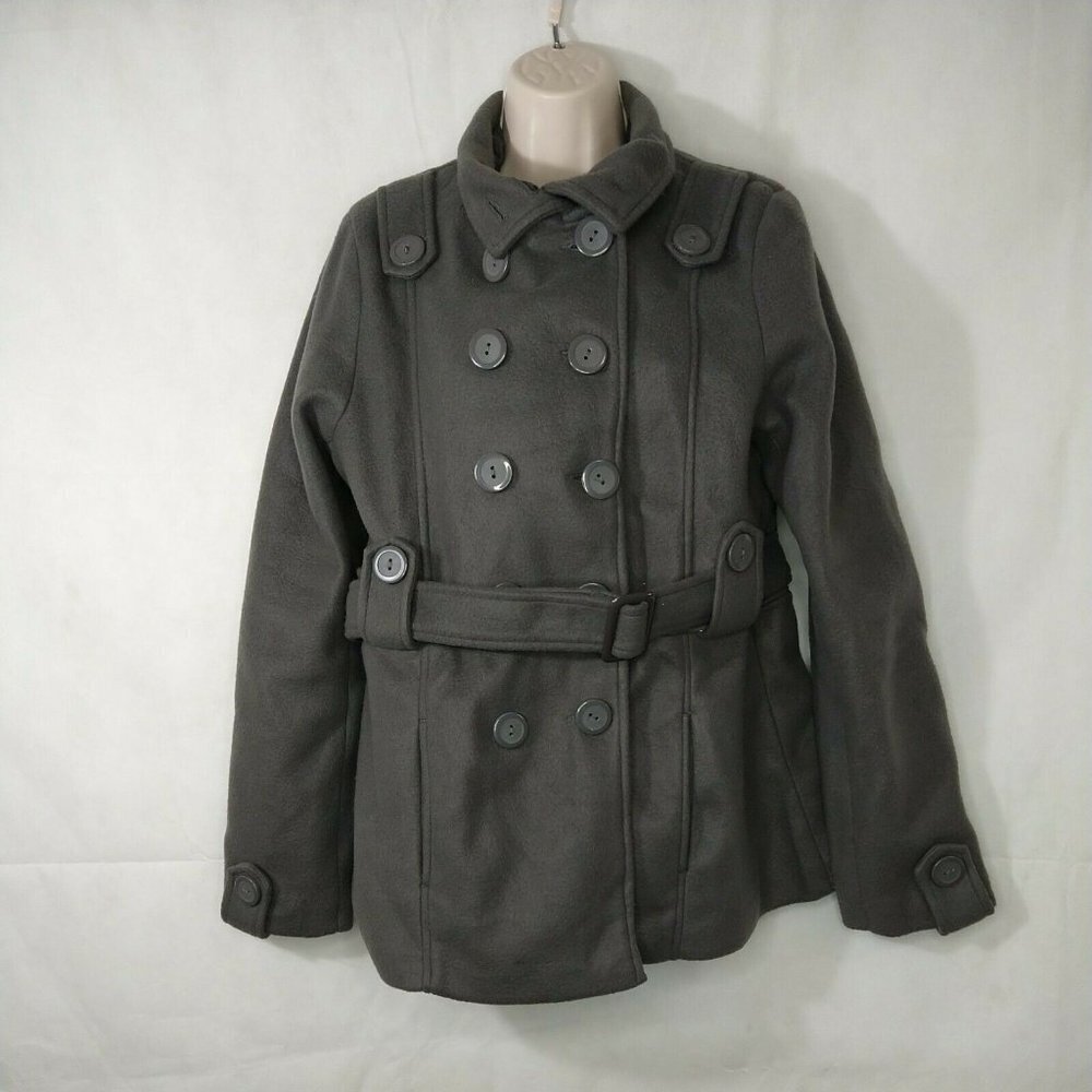 Brave Soul Double Breasted Pea Coat Jacket Women Size XL Grey Belted Pockets - Picture 2 of 8